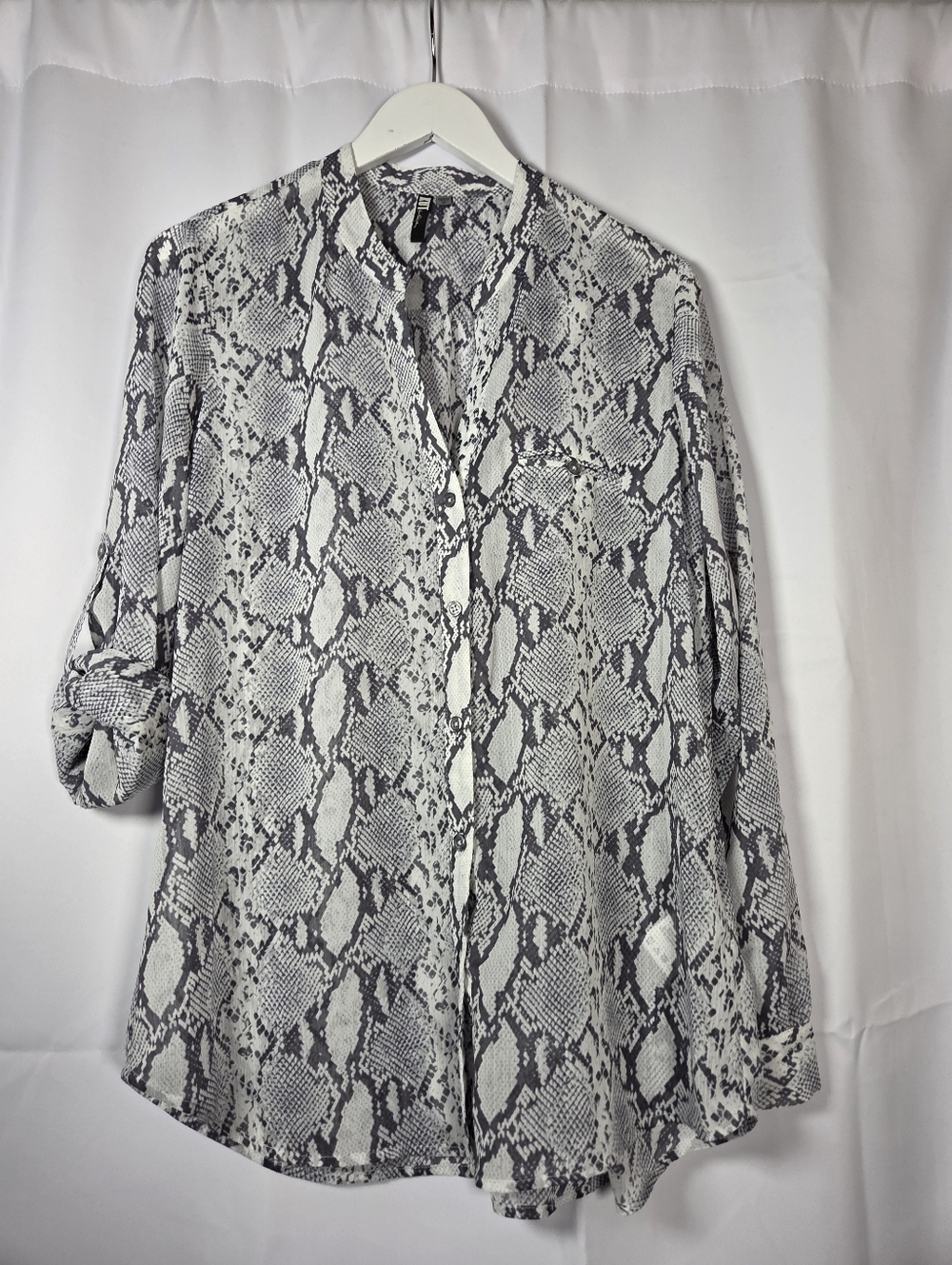 KUT From The Kloth Snakeskin Print Button Down Roll Tab Blouse Sheer Top Size M